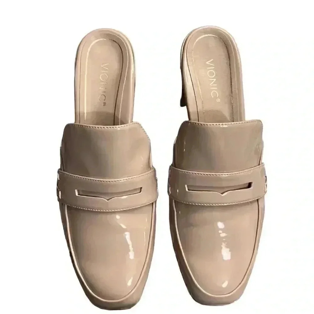 Vionic Plaza Annabel Mule Shoes Women 10 Beige Patent Leather Block Heel NEW